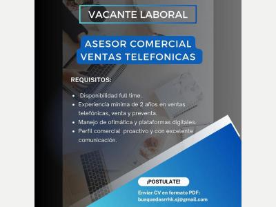 Ofertas de Trabajo en San Juan  ASESOR COMERCIAL- VENTAS TELEFONICAS