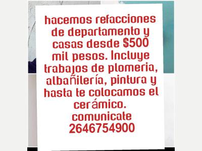Varios Refaccion y reparacion de casas y departamento 