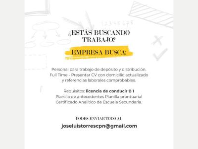 Ofertas de Trabajo en San Juan  Empresa busca Persona para trabajo de Depósito y Distribución.